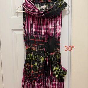 RIVER ISLAND UK8 Beaded Short Dress Black Neon Abstract Print Festival Cowl neck